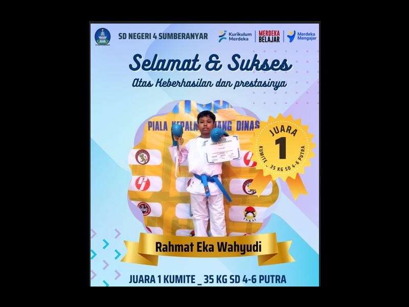 SALAH SATU SISWA SD NEGERI 4 SUMBERANYAR MERAIH JUARA 1 LOMBA KARATE TINGKAT KABUPATEN